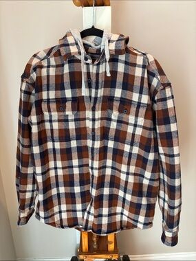 American Eagle Outfitters Navy, Brown & Cream Plaid Hooded Shirt Jacket